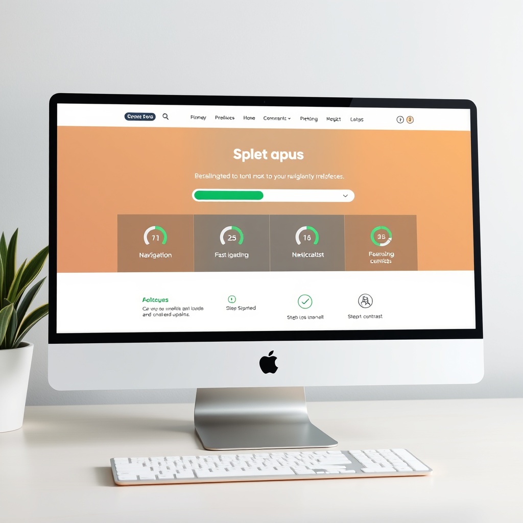 A sleek, modern website interface on a desktop screen showcasing clear navigation menus, fast loading speed indicators, and accessibility icons like a wheelchair and high contrast toggle.