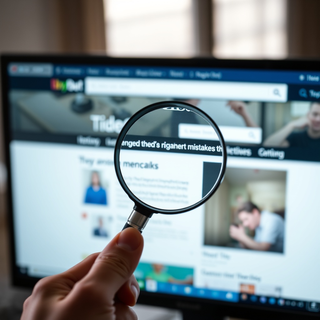 A close-up of a hand holding a magnifying glass over a website on a screen, highlighting the importance of avoiding common mistakes in website creation.