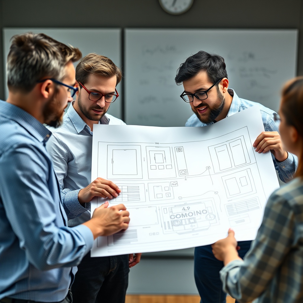 A team of web designers discussing over a blueprint of a website, representing the process of selecting the right web designer or agency.