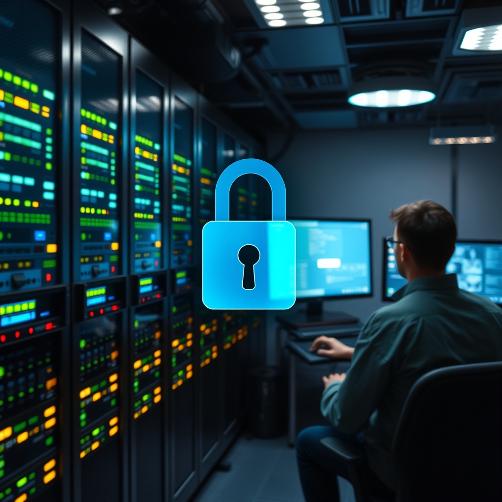A secure server room with glowing lights, a padlock icon overlay, and a cybersecurity expert monitoring systems on multiple screens.