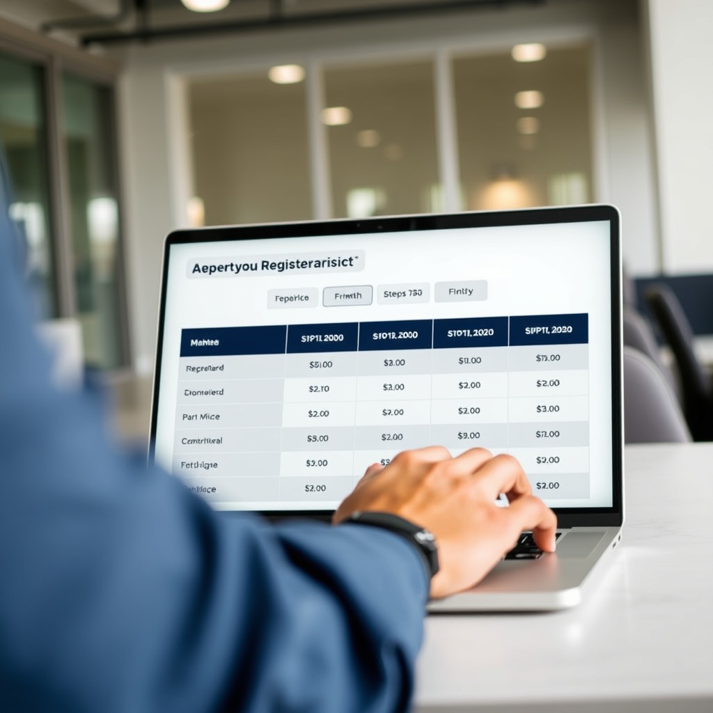 A professional stock photo of a person comparing domain registrar prices on a laptop, with a clean, modern office background.