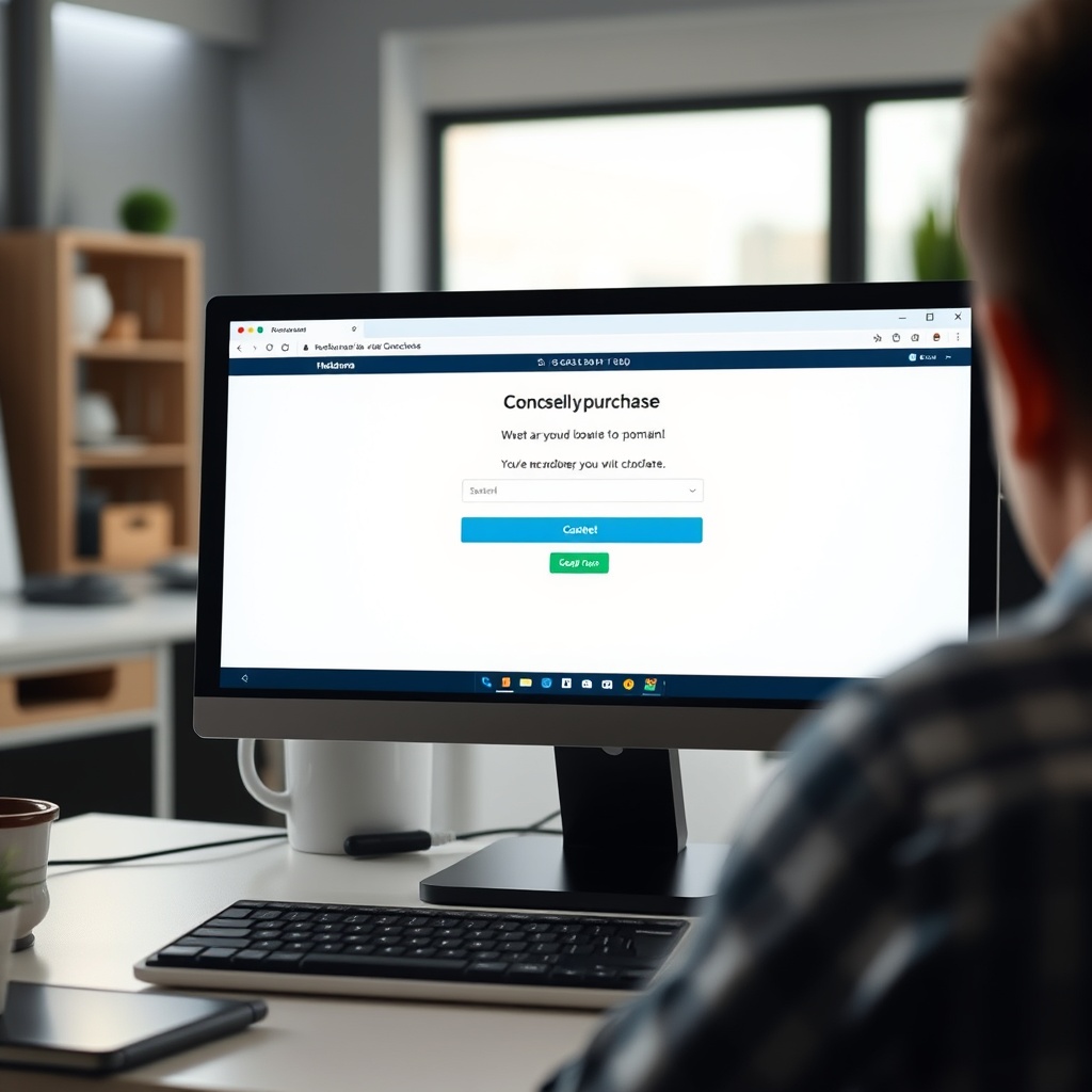 A high-quality image of a person successfully completing a domain purchase on a computer, with a focus on the screen showing a confirmation message, in a bright, professional setting.