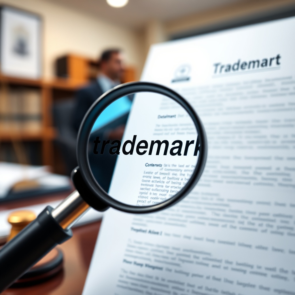 A professional stock photo depicting a legal document with a magnifying glass focusing on the word 'trademark', set against a blurred background of a law office.