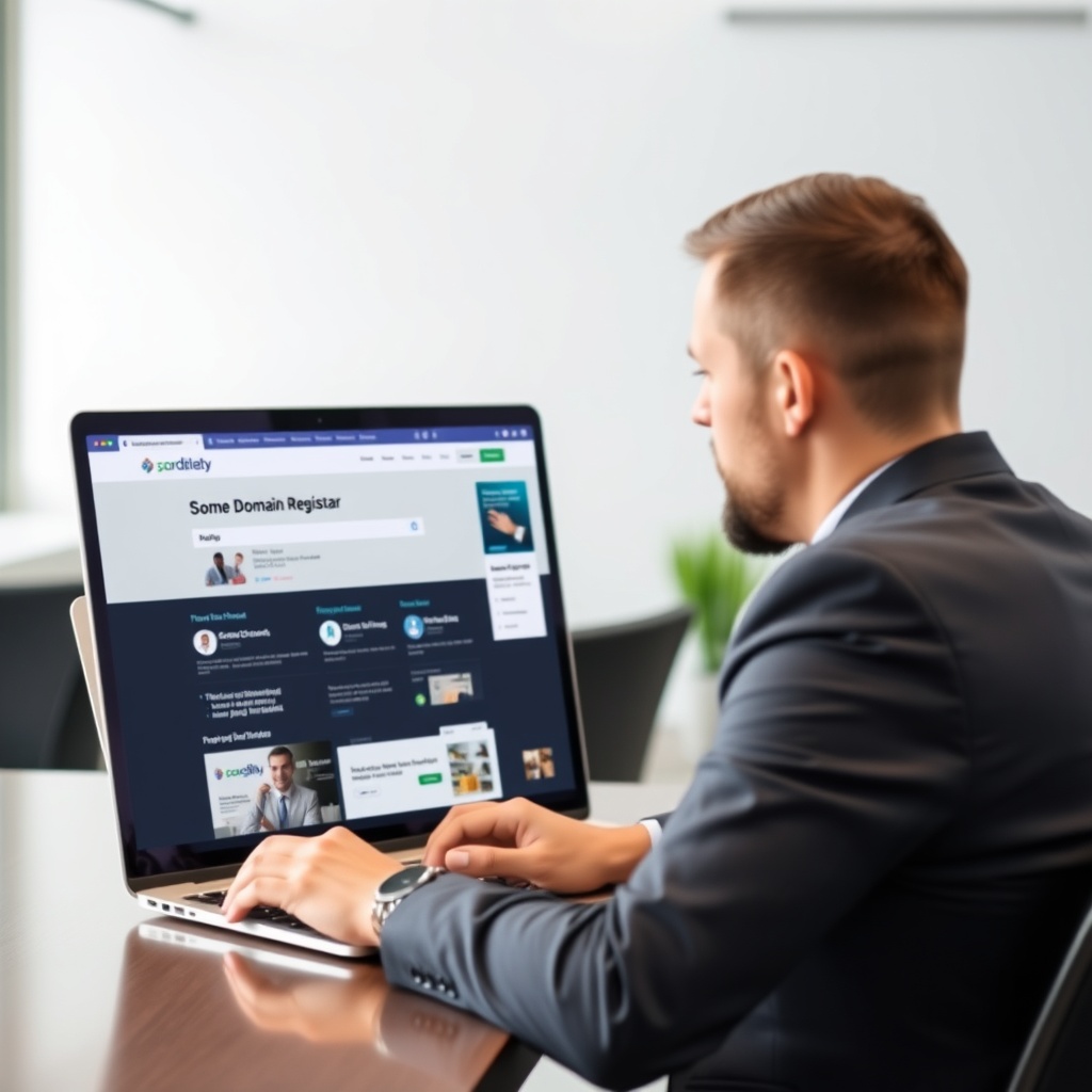 A professional businessperson comparing different domain registrar websites on a laptop screen, with a clean, modern office background.