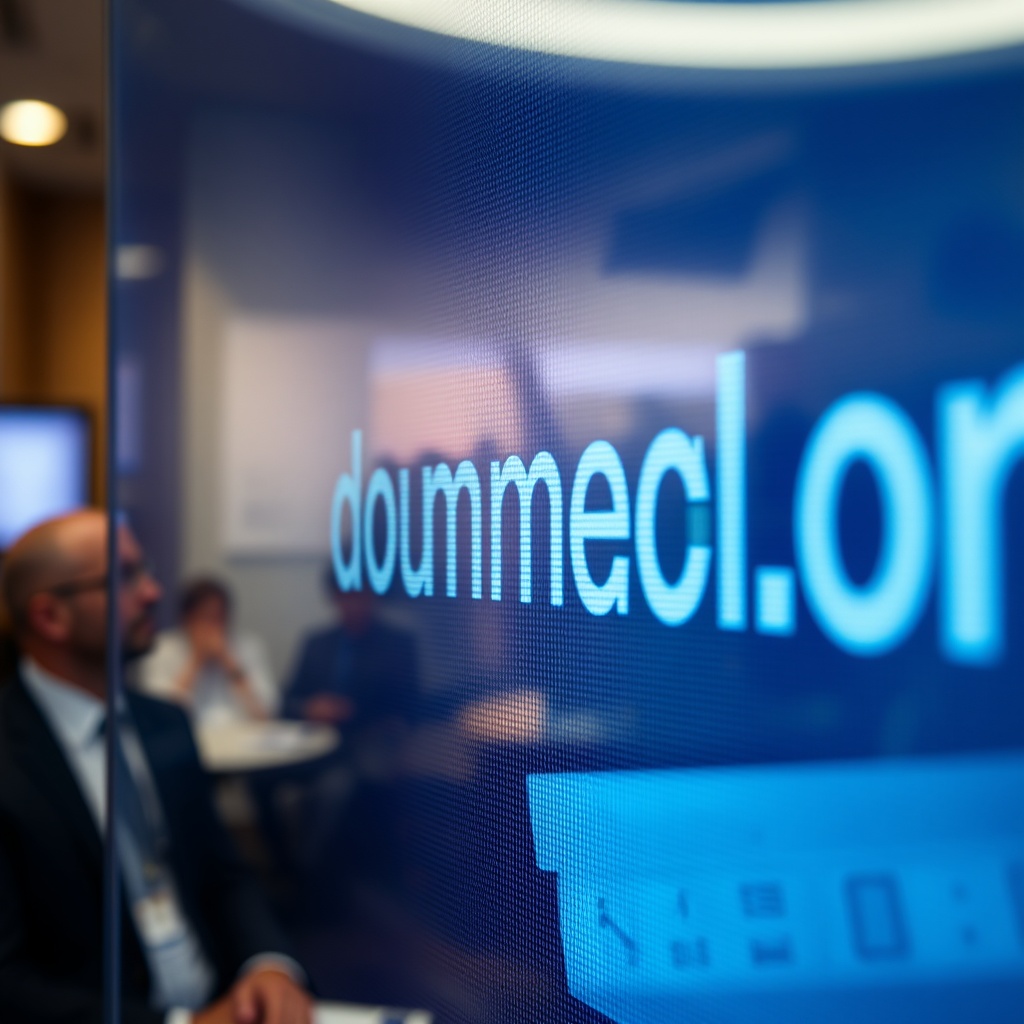 A close-up of a premium domain name being displayed on a digital auction screen, with a blurred background of other bidders in a sophisticated setting.