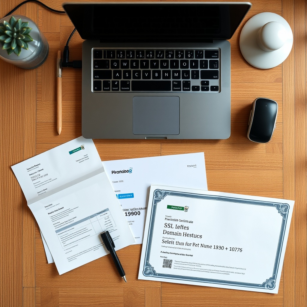 An overhead shot of a desk with a laptop, hosting service invoices, and an SSL certificate, symbolizing the additional costs of owning a domain name.