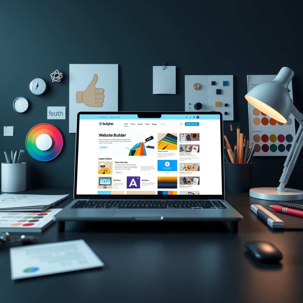 A modern workspace with a laptop displaying a website builder interface, surrounded by design tools like a color palette, fonts, and icons, symbolizing essential tools and resources for free website creation.