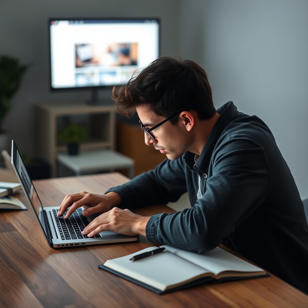 A focused individual troubleshooting a website on a laptop, with a notebook and pen nearby, representing common issues and solutions in free website creation.