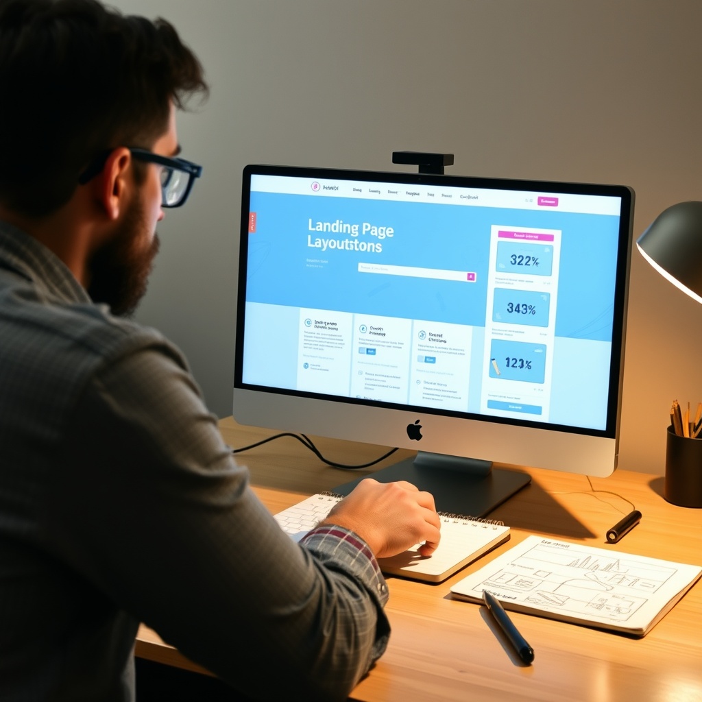 A professional designer working on a landing page layout on a computer screen, with a notepad and sketches of design ideas nearby.