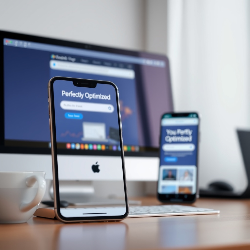 A sleek smartphone displaying a perfectly optimized landing page, with a desktop computer in the background showing the same page for comparison.
