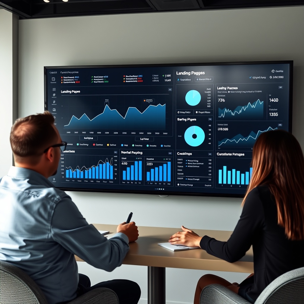A business team reviewing analytics on a large screen, with graphs and charts showing landing page performance metrics.